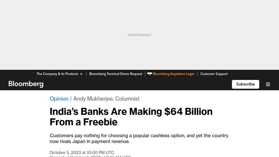 Screenshot of bloomberg.com: India's banks are making $64B from free cashless payments