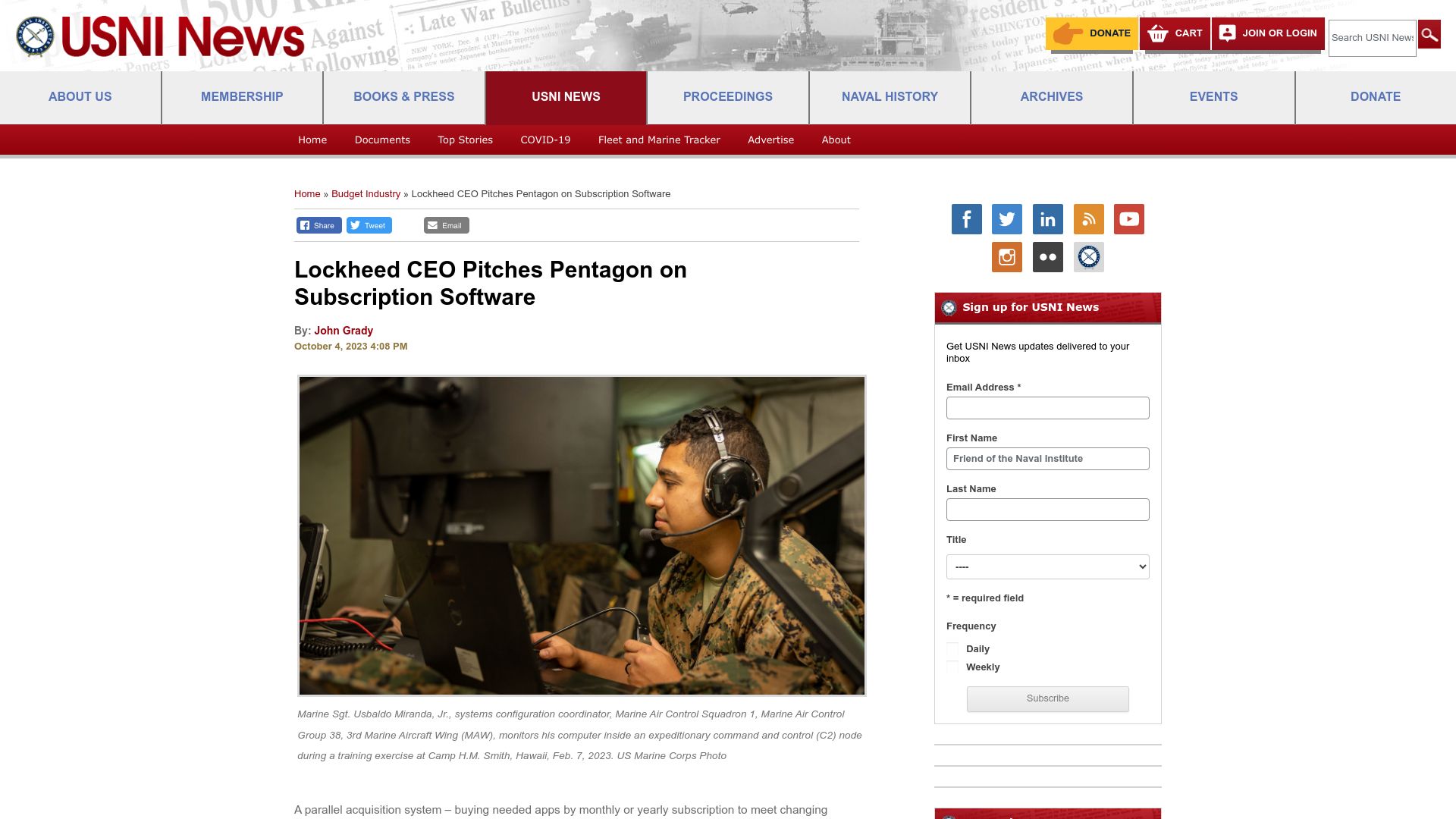 Screenshot of news.usni.org: Lockheed CEO Pitches Pentagon on Subscription Software