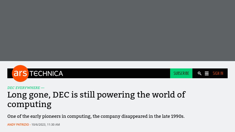 Screenshot of arstechnica.com: Long gone, DEC is still powering the world of computing