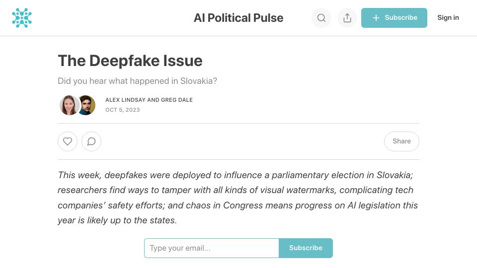 Screenshot of aipoliticalpulse.substack.com: Deepfakes start ringing in voters' ears