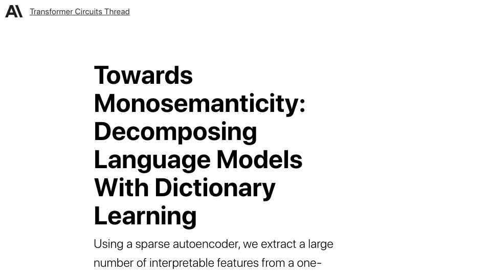Screenshot of transformer-circuits.pub: Towards Monosemanticity: Decomposing Language Models with Dictionary Learning