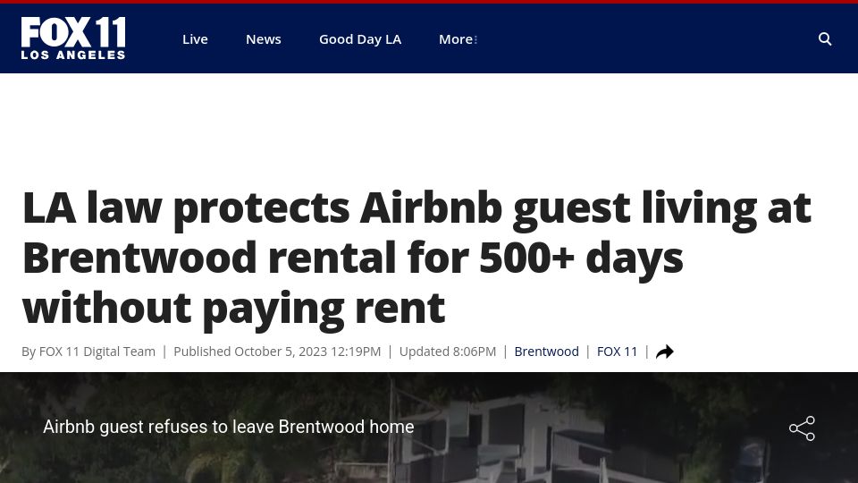 Screenshot of foxla.com: Airbnb guest stays at LA rental for 500 days without paying, refuses to leave