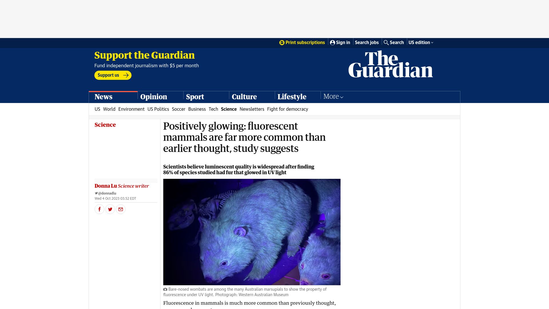 Screenshot of theguardian.com: Fluorescent mammals are far more common than earlier thought