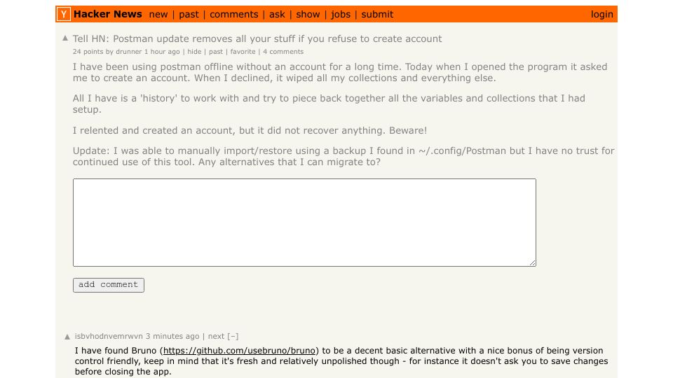 Screenshot of Hacker News post: Tell HN: Postman update removes all your stuff if you refuse to create account