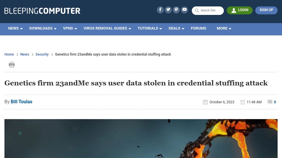 Screenshot of bleepingcomputer.com: 23andMe says user data stolen in credential stuffing attack