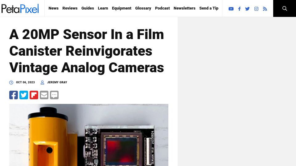Screenshot of petapixel.com: A 20MP Sensor in a Film Canister Reinvigorates Vintage Analog Cameras