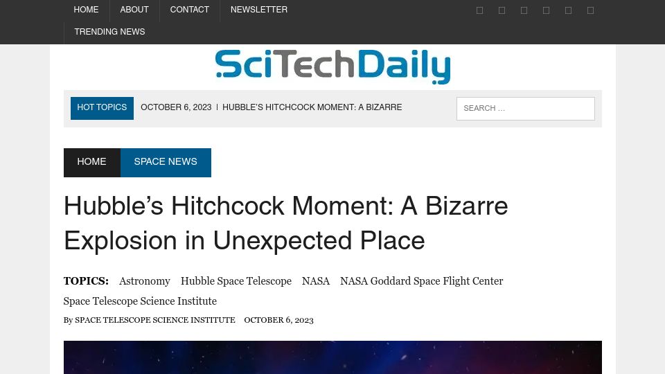 Screenshot of scitechdaily.com: Hubble’s Hitchcock Moment: An Explosion in Unexpected Place