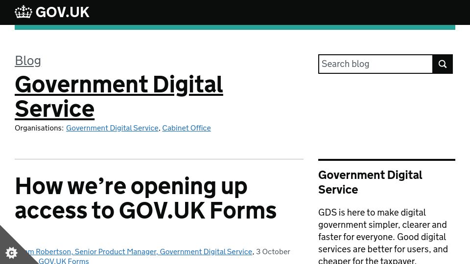 Screenshot of gds.blog.gov.uk: We’re opening up access to Gov.uk forms