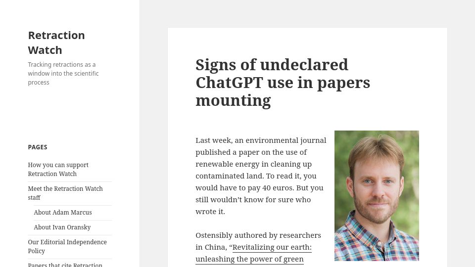 Screenshot of retractionwatch.com: Signs of undeclared ChatGPT use in papers mounting