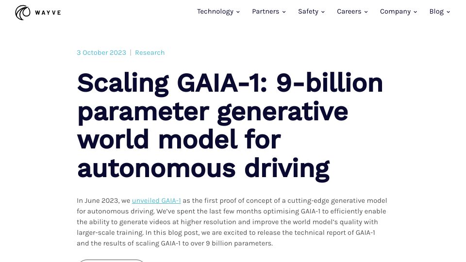 Screenshot of wayve.ai: Gaia-1 a 9B parameter generative world model for autonomous driving