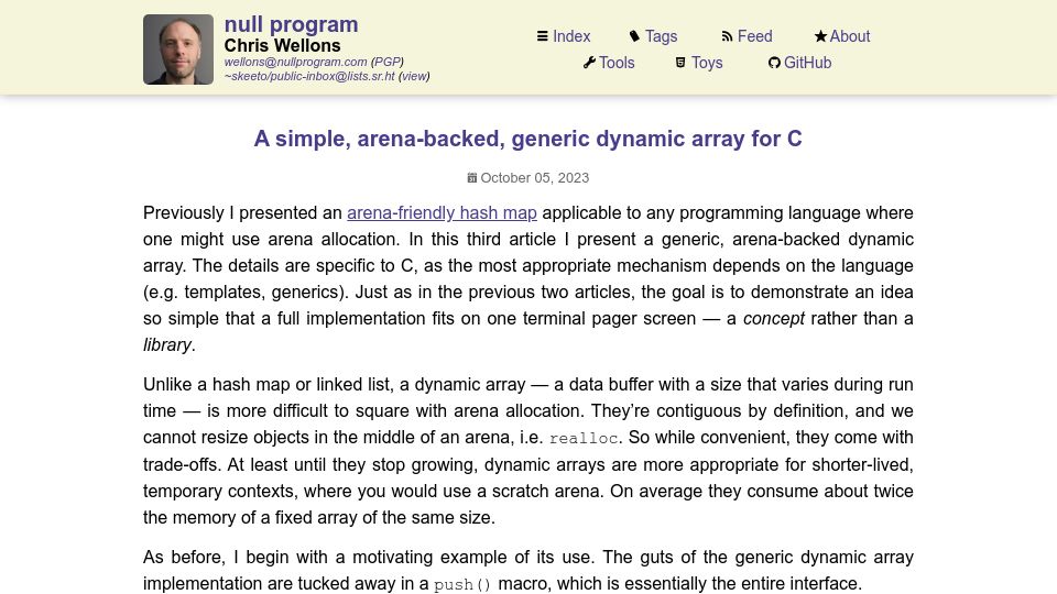 Screenshot of nullprogram.com: A simple, arena-backed, generic dynamic array for C