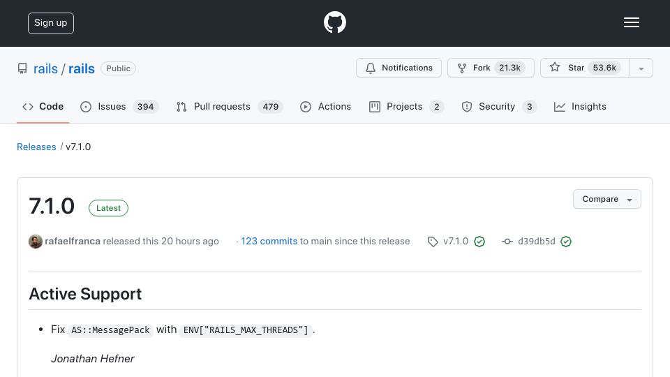 Screenshot of github.com: Rails 7.1 Released