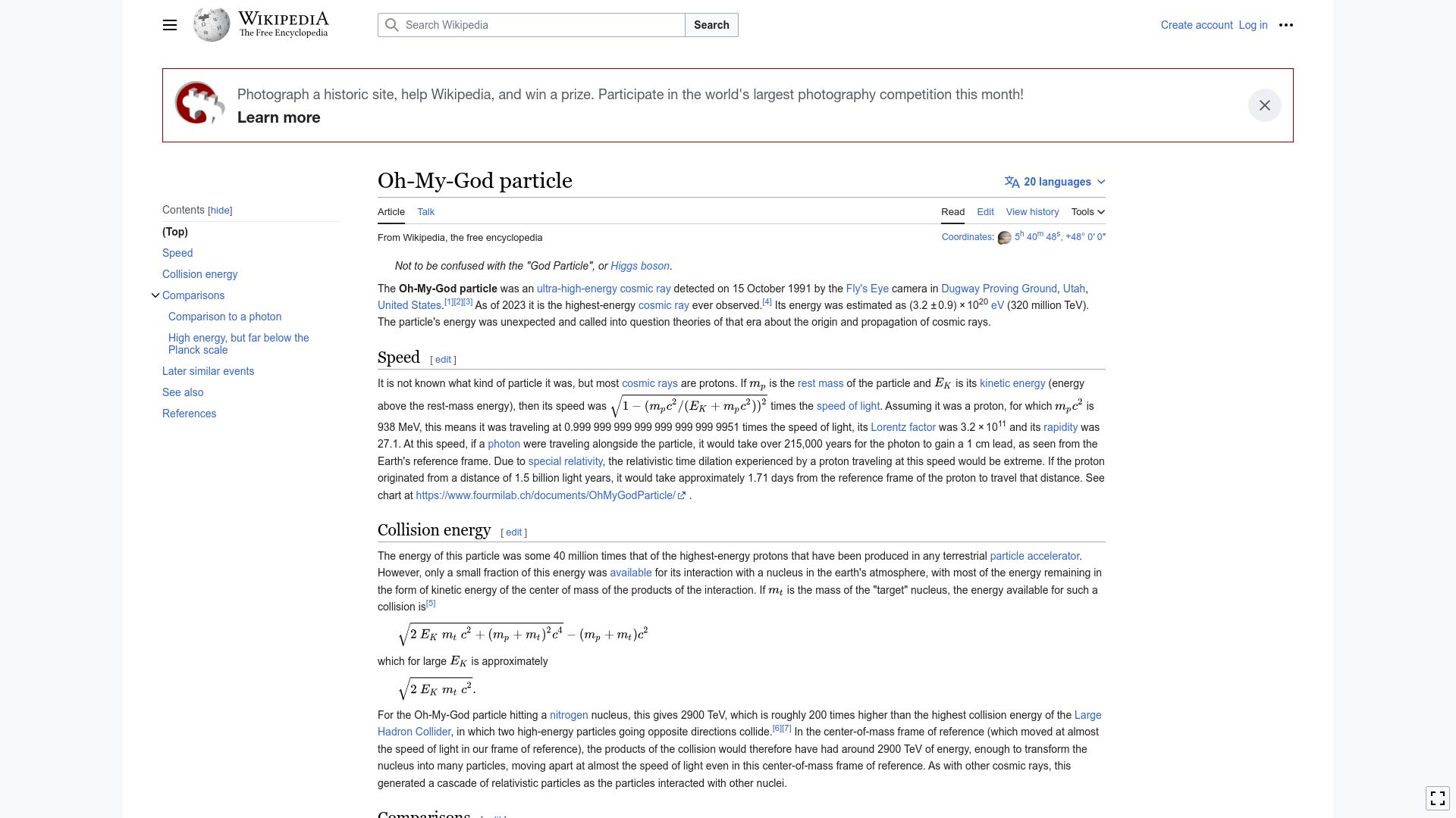Screenshot of en.wikipedia.org: Oh-My-God Particle