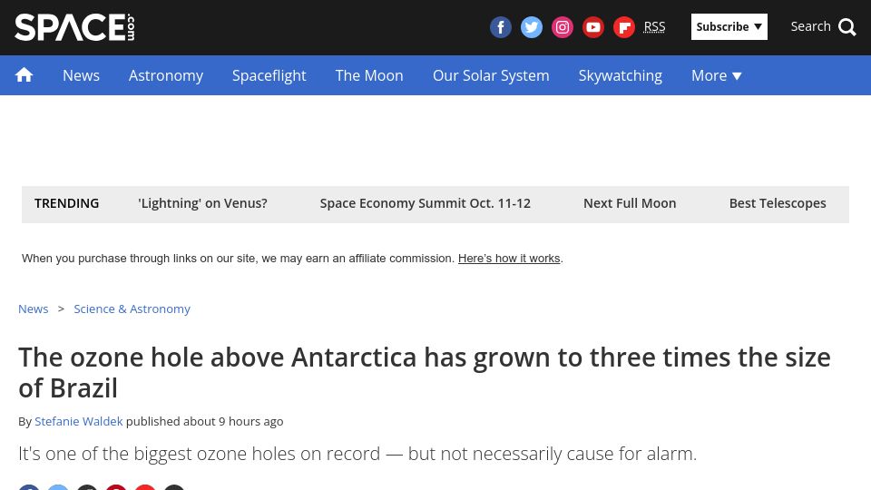 Screenshot of space.com: The ozone hole above Antarctica has grown to three times the size of Brazil