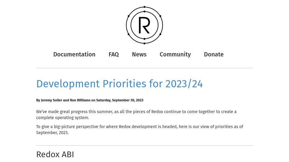 Screenshot of redox-os.org: Redox OS Development Priorities for 2023/24