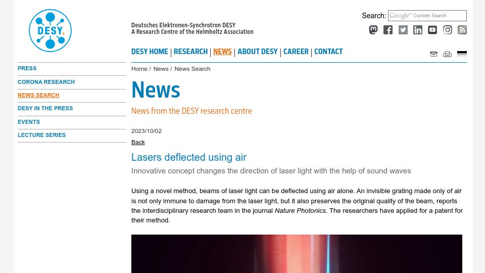 Screenshot of desy.de: Lasers deflected using air