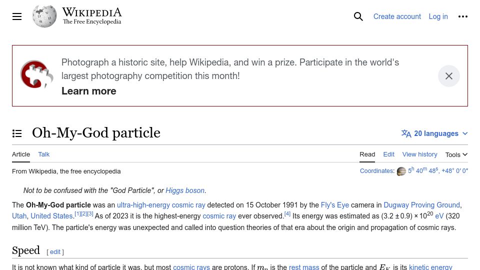 Screenshot of en.wikipedia.org: Oh-My-God Particle