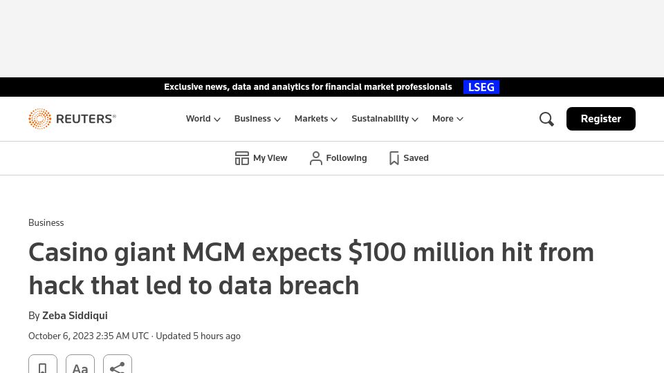 Screenshot of reuters.com: MGM expects $100M hit from hack that led to data breach