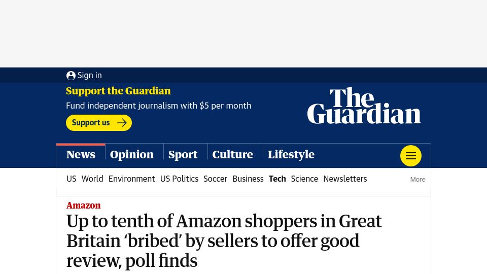 Screenshot of theguardian.com: Up to tenth of Amazon shoppers in GB 'bribed' by sellers to offer good review