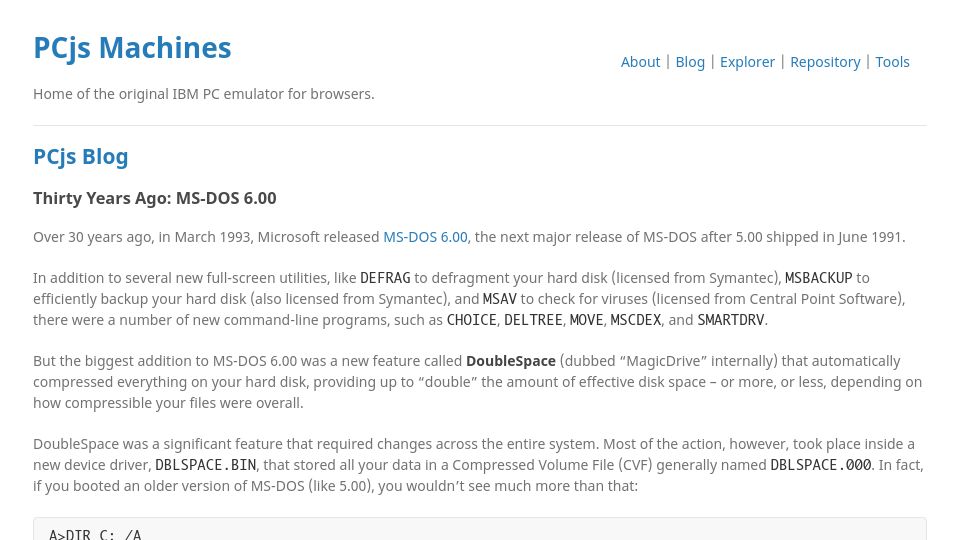 Screenshot of pcjs.org: Thirty Years Ago: MS-DOS 6.00