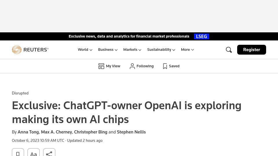 Screenshot of reuters.com: OpenAI is exploring making its own AI chips and evaluates acquisition targets
