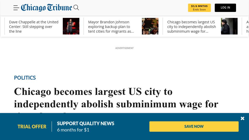 Screenshot of chicagotribune.com: Chicago independently abolishes subminimum wage for tipped workers