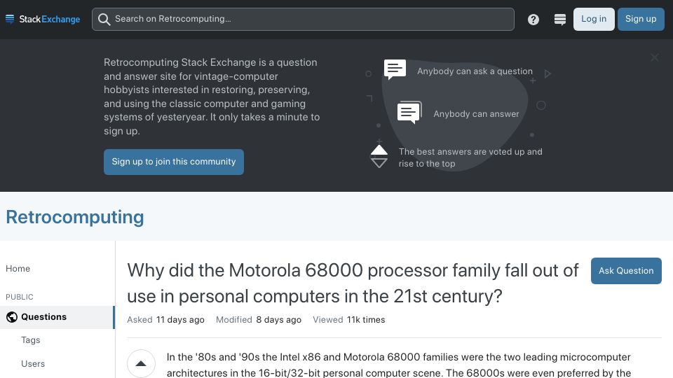 Screenshot of retrocomputing.stackexchange.com: Why did the Motorola 68000 processor family fall out of use in PCs?
