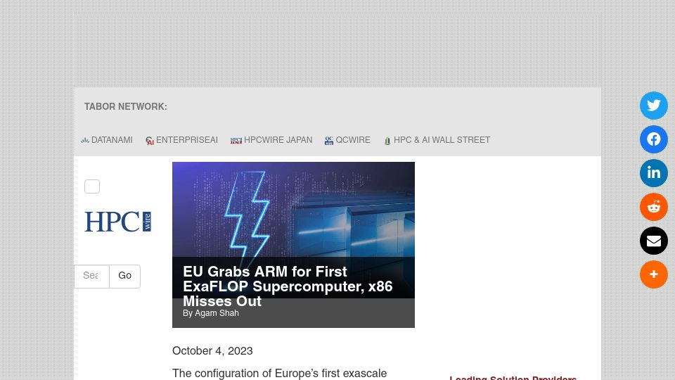 Screenshot of hpcwire.com: EU Grabs ARM for First ExaFLOP Supercomputer