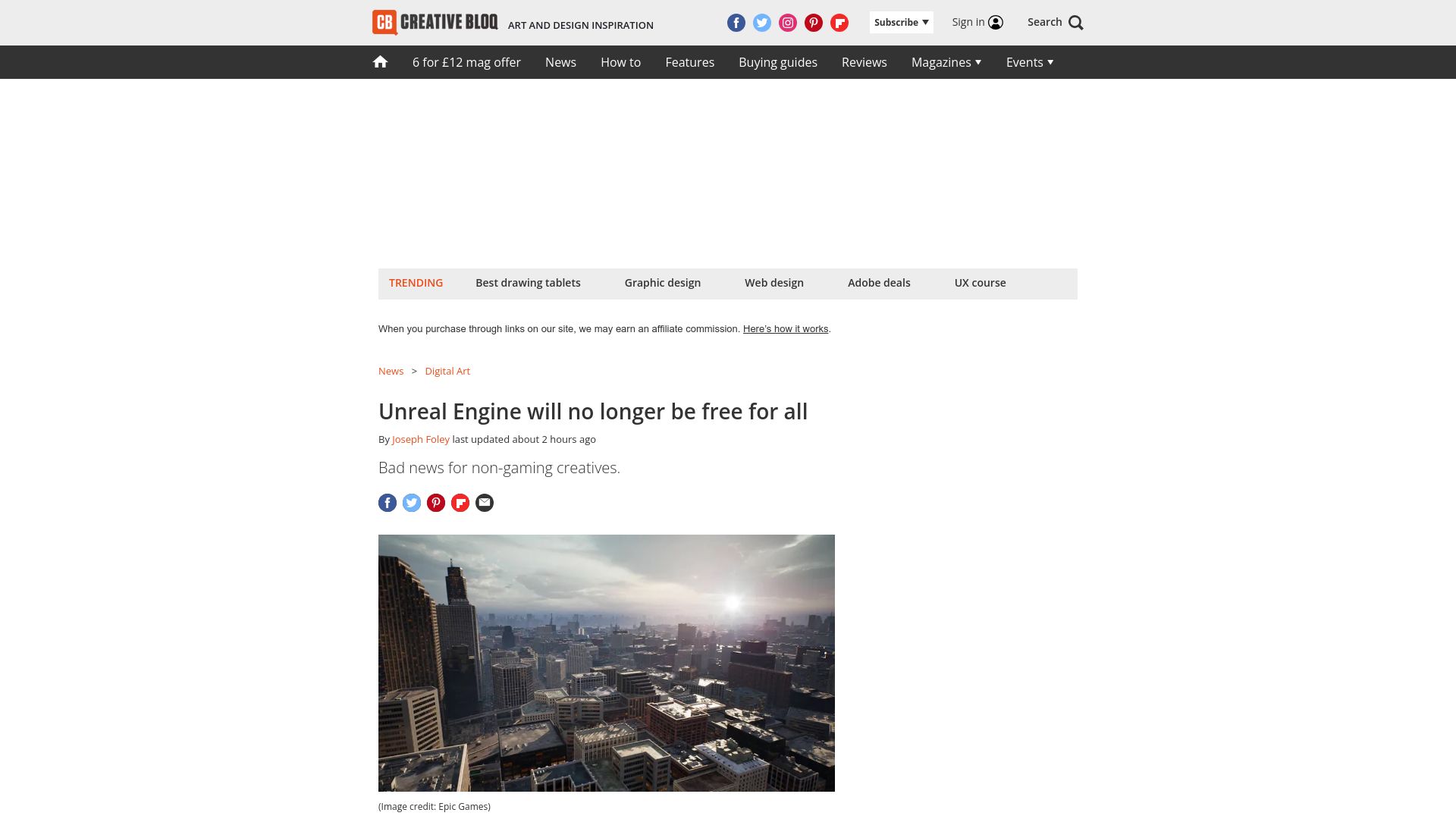 Screenshot of creativebloq.com: Unreal Engine will no longer be free for all