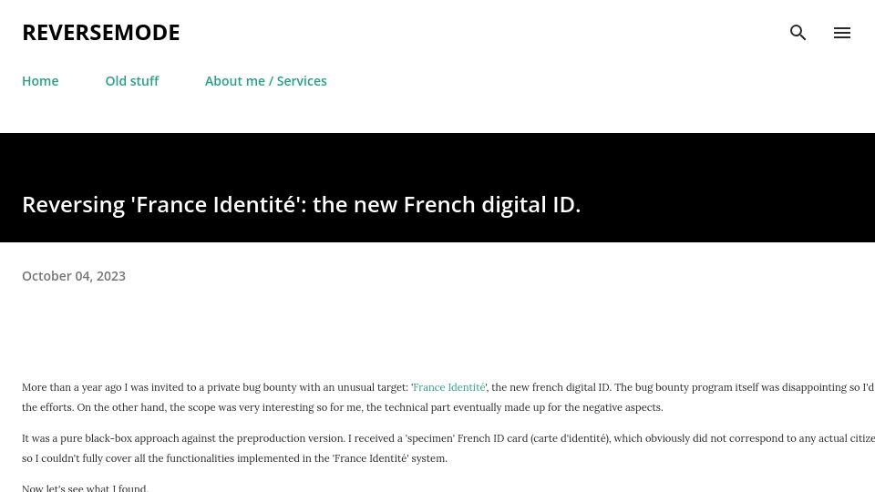 Screenshot of reversemode.com: Reversing 'France Identité': The New French Digital ID