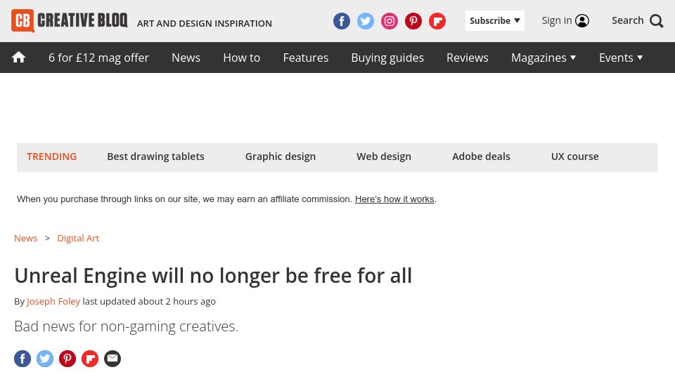 Screenshot of creativebloq.com: Unreal Engine will no longer be free for all