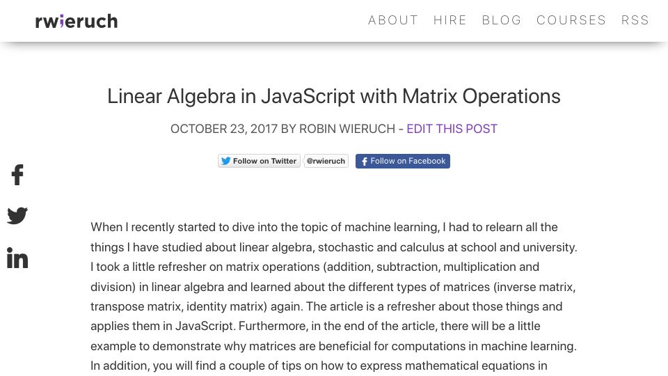 Screenshot of robinwieruch.de: Matrix Operations with Math.js