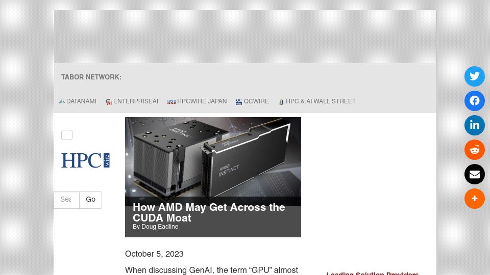 Screenshot of hpcwire.com: AMD may get across the CUDA moat