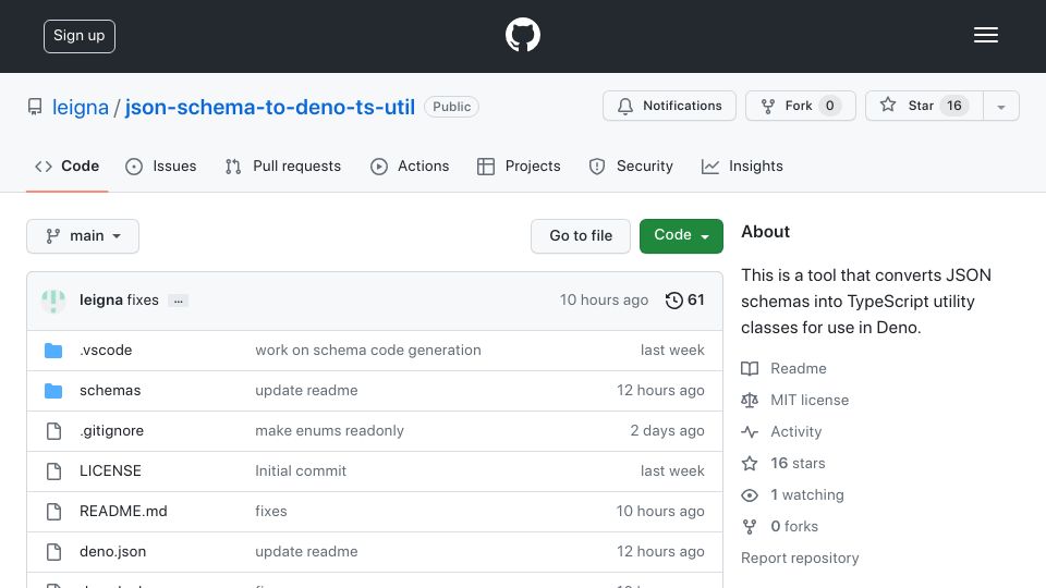 Screenshot of github.com: Show HN: A tool to Convert JSON schemas into TypeScript Deno classes