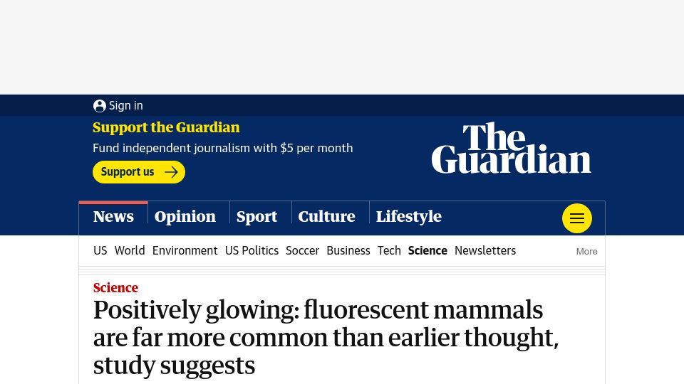 Screenshot of theguardian.com: Fluorescent mammals are far more common than earlier thought