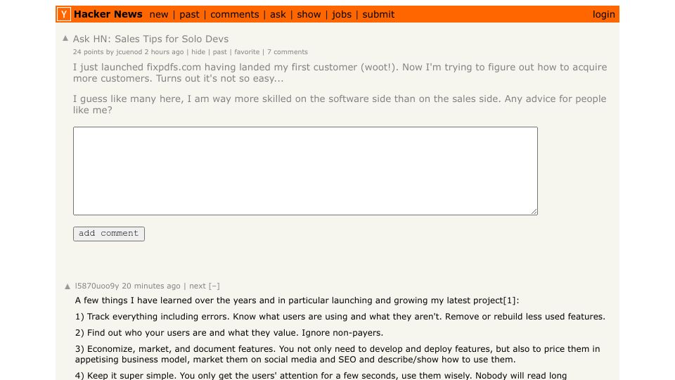 Screenshot of Hacker News post: Ask HN: Sales Tips for Solo Devs