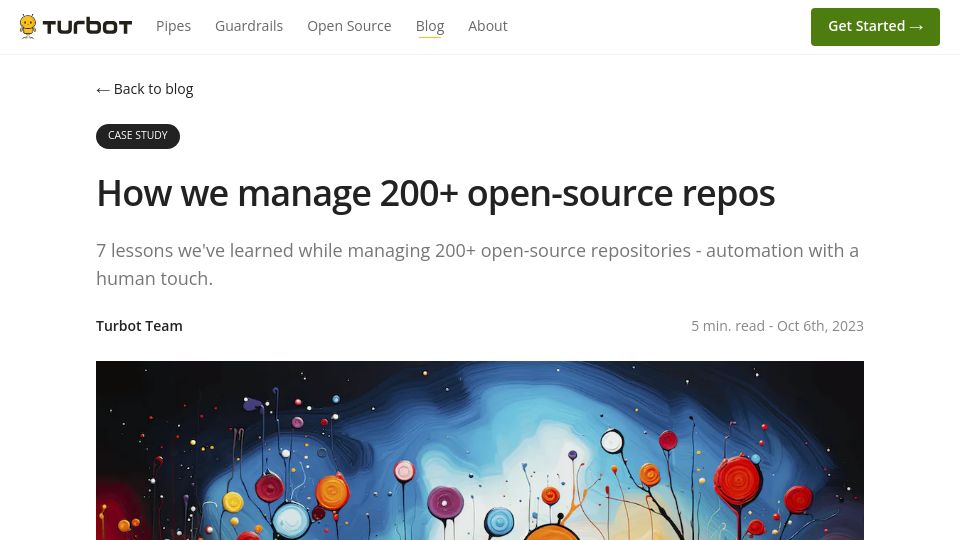Screenshot of turbot.com: How we manage 200 open-source repos