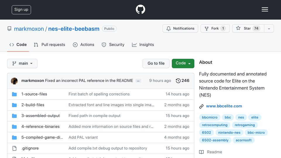 Screenshot of github.com: Documented source code for Elite on the NES