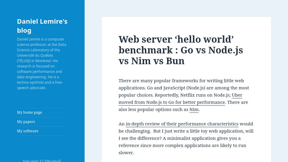 Screenshot of lemire.me: Web server 'hello world' benchmark: Go vs. Node.js vs. Nim vs. Bun