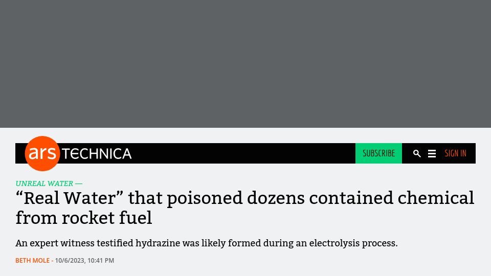 Screenshot of arstechnica.com: “Real Water” that poisoned dozens contained chemical from rocket fuel