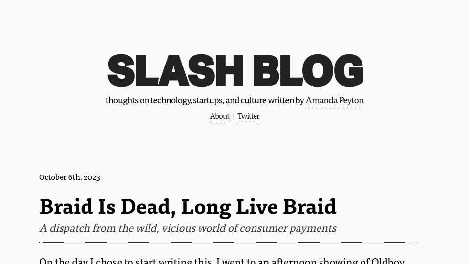 Screenshot of amandapeyton.com: Braid is dead, long live Braid