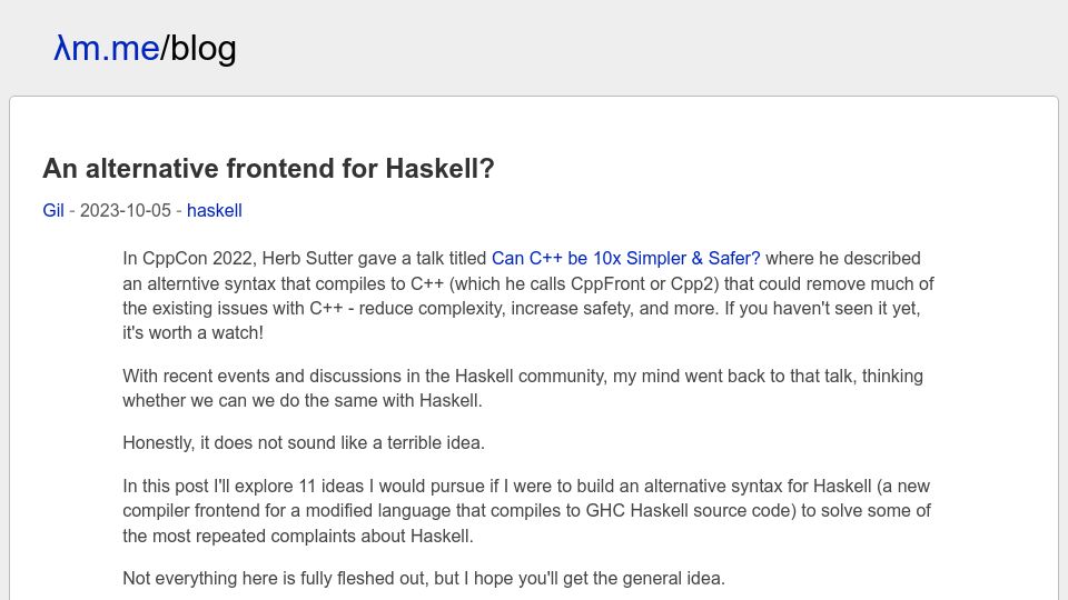 Screenshot of gilmi.me: An alternative front end for Haskell?