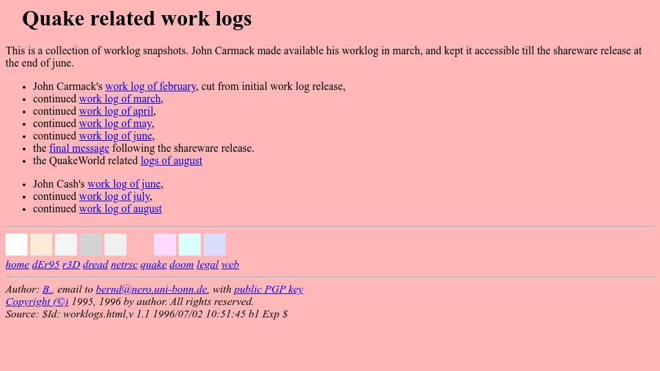 Screenshot of gamers.org: Quake related work logs (1996)