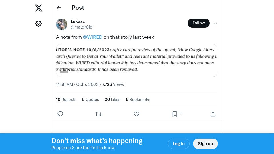 Screenshot of wired.com: Wired has removed "How Google alters search queries" story