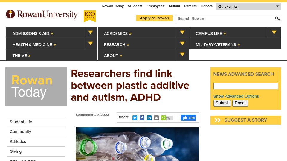 Screenshot of today.rowan.edu: Researchers find link between plastic additive and autism, ADHD