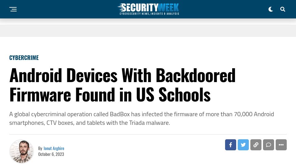 Screenshot of securityweek.com: Android devices with backdoored firmware found in US schools