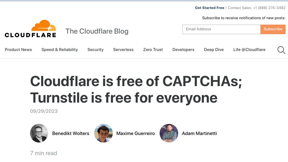 Screenshot of blog.cloudflare.com: Cloudflare is free of CAPTCHAs; Turnstile is free for everyone