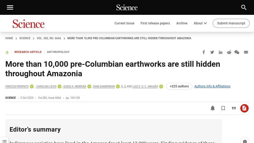 Screenshot of science.org: More than 10k pre-Columbian earthworks are still hidden throughout Amazonia