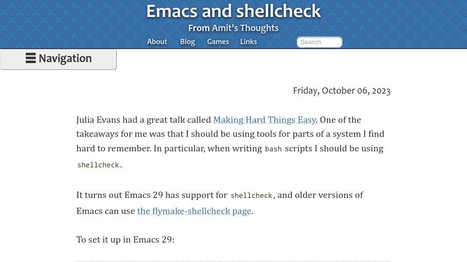 Screenshot of amitp.blogspot.com: Emacs and shellcheck