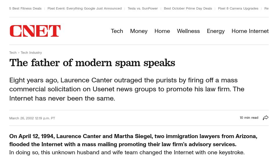 Screenshot of cnet.com: The father of modern spam speaks (2002)